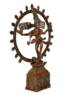 Brass Natraj Lord Shiva statue, side view with ring halo details and carved pedestal base