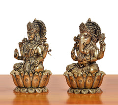 Bronze Lakshmi and Ganesha statues, front view with detailed ornaments and crowns