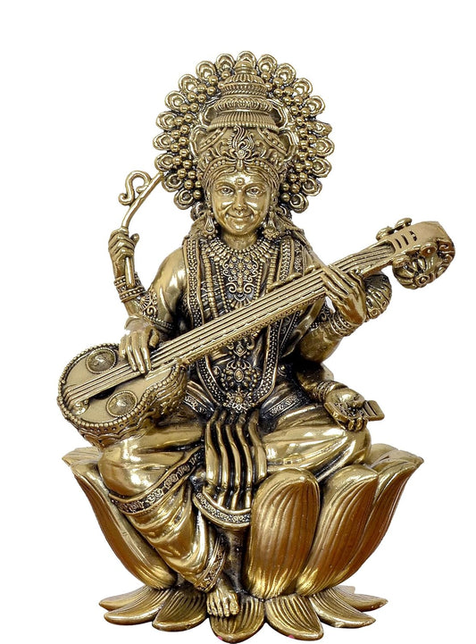 Bronze Maa Saraswati Statue - Handcrafted Hindu Goddess Saraswati Idol for Home Decor and Pooja (Height 7.5 Inch)