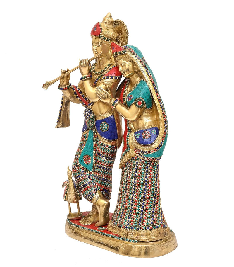 Brass Standing Radha Krishna Idol with Peacock Playing Flute (Height: 23 Inches)