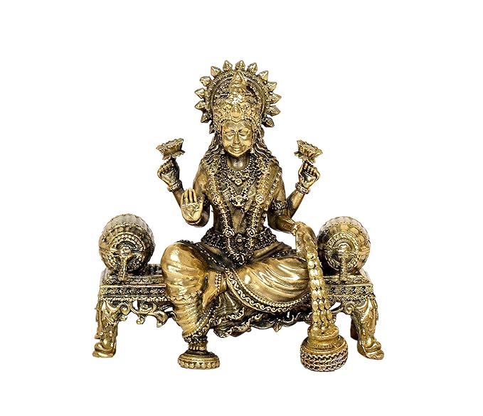 Brass Lakshmi Idol Laxmi Goddess Lakshmi Sitting Statue in Blessing Position for The Puja Temple at Home in Brass (Height: 4 Inch)