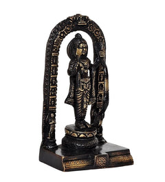 Ram Lalla statue three-quarter view, prayer pose, detailed arch with gold accents