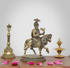 Brass Baba Ramdev dev Pir idol on horse, ornate details, 5 inch height