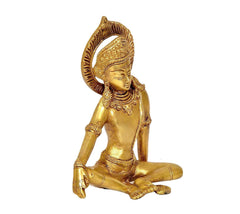 Indra seated brass statue side view, gold tone with halo and arm ornaments