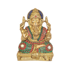 Brass Ganesha wall hanging, 7 inch, front view with blue jeweled crown and garland