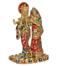 Brass Radha Krishna statue idol full view, red green blue jeweled detailing