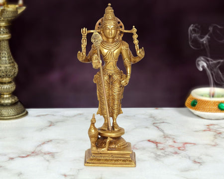 Brass Standing Lord Kartikeya with Peacock Murugan Murti (Height 8 Inch)