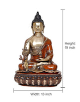 Brass Buddha statue, 19 in height and 13 in width, orange robe on lotus base