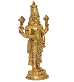 Tirupati Bala Ji brass idol statue, angled view showing crown, weapons, and patterned robe