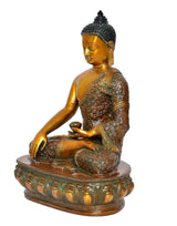 Brass Buddha statue side view, meditating posture with Dhyan mudra hands, ornate robe
