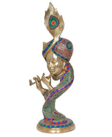 Brass Krishna flute idol, smiling face, peacock mukut, colorful mosaic robe and flute