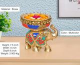 Brass elephant idol urli bowl with multicolor mosaic patterns, 7.5 in height