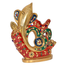 Brass Ganesha idol with red robe, green motifs, blue medallions and gold details