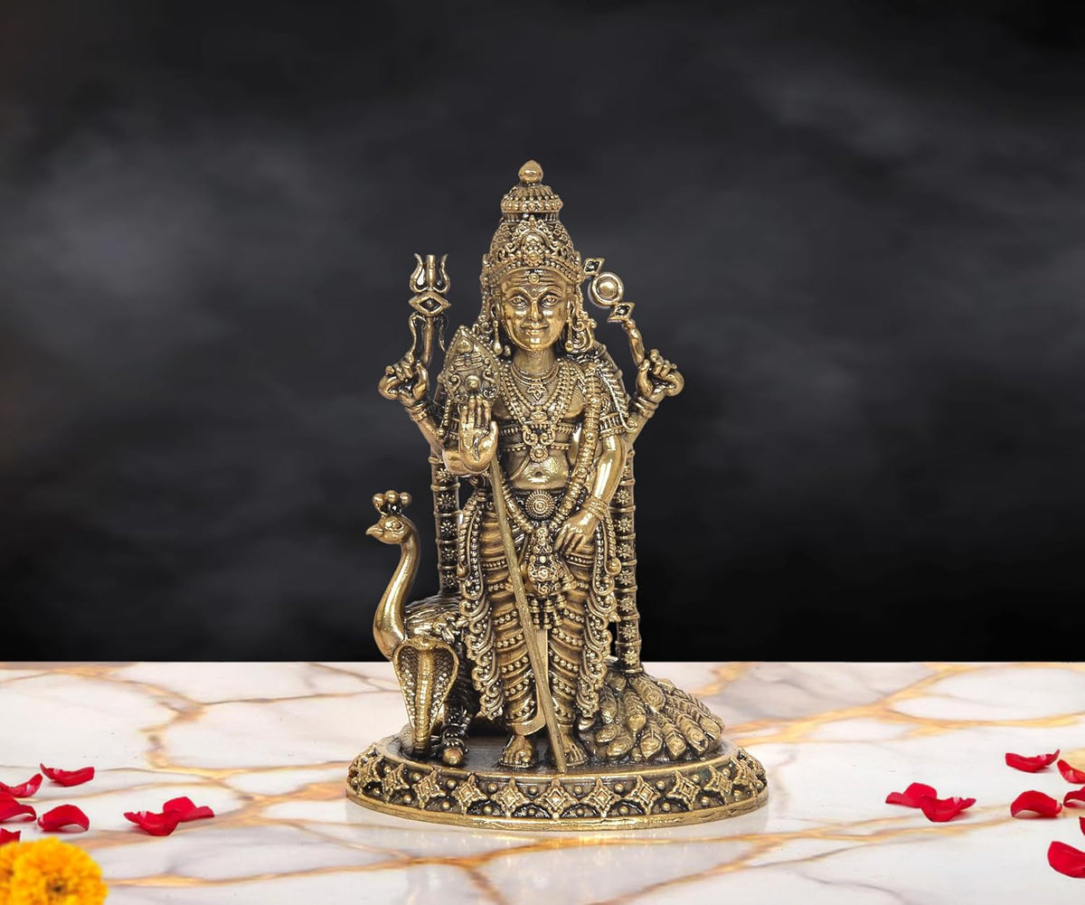 Brass Kartikeya idol standing with peacock, ornate 6-inch figurine
