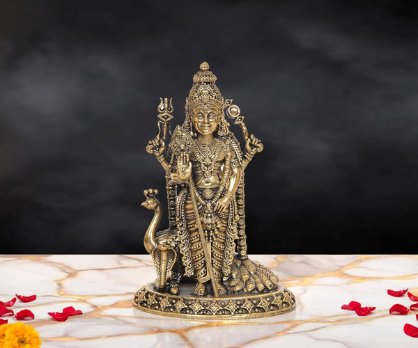 Superfine Brass Standing Lord Kartikeya with Peacock Murugan Murti (Height:6 Inch)
