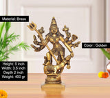 Brass Durga idol, golden finish, raised trident and many arms, 5 inch tall