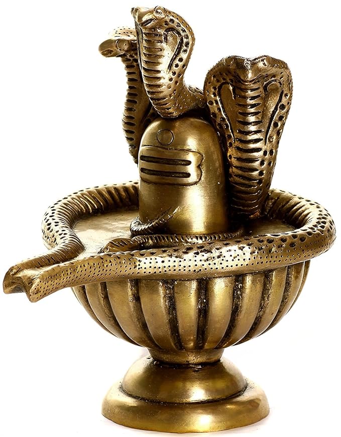 Brass linga sculpture with coiled snake heads emerging from a round base