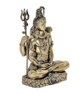 Brass Lord Shiva idol seated, trident staff held upright, drum accessory visible, 5 in