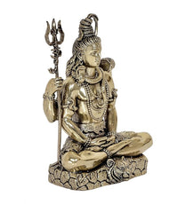 Brass Lord Shiva idol seated, trident staff held upright, drum accessory visible, 5 in