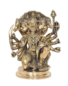 Brass panchmukhi Hanuman idol figurine, four-faced design with raised weapons and pot