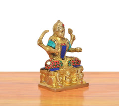 Brass Santoshi Maa statue angled view, gold body with multicolor beaded ornaments