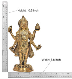 Brass Dhanvantri statue size view: Height 10.5 in, width 6.5 in, on round base