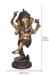 Dancing brass Ganesha idol (Height 12.5 in, Width 5.5 in), dark ornate base