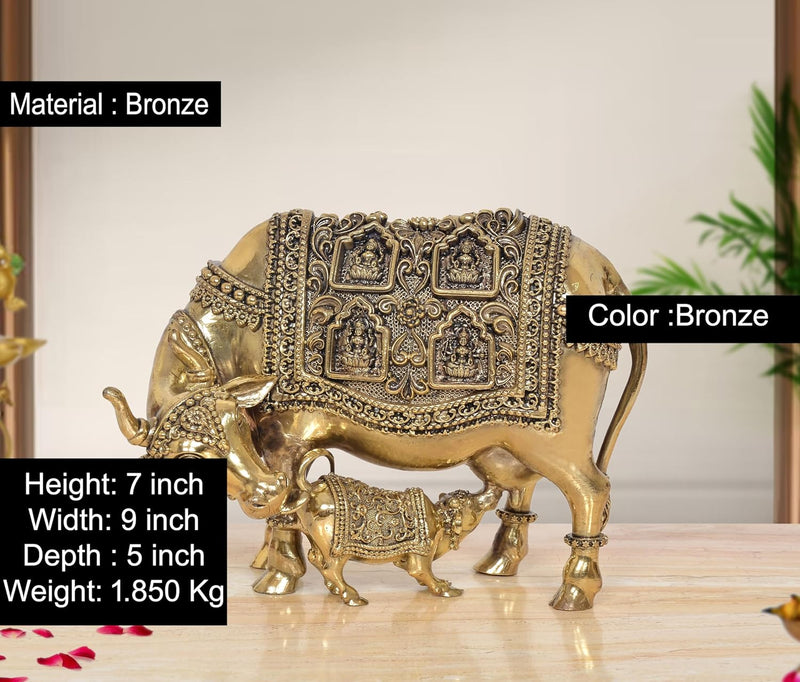 Bronze Kamdhenu Cow with Calf and Ashtalakshmi Showpiece (Height: 7 inch)