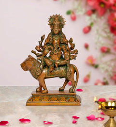 Brass Heramba Ganesha idol on ornate pedestal, seated on horse, front view