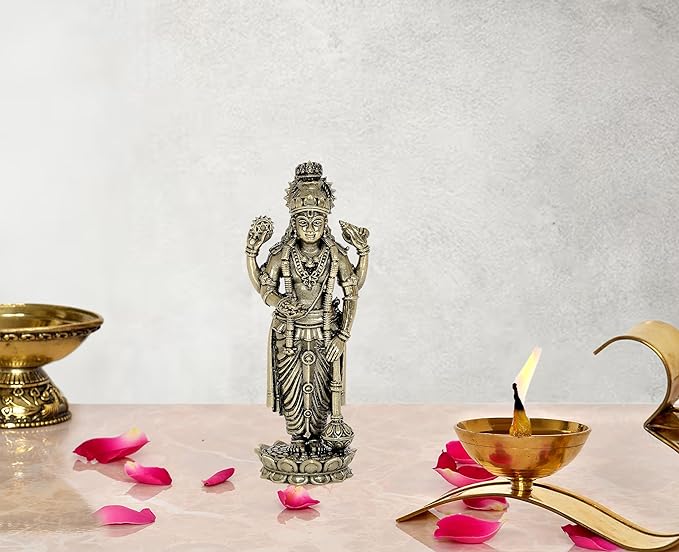 Lord Vishnu brass idol statue for mandir, 4 inch height, standing with raised hands