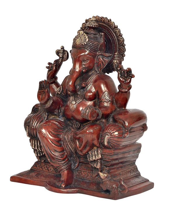 Brass Lord Ganesha Idol in Strong Maroon Colour (Height 10 Inch) Study Setting