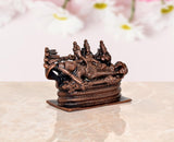 Copper Sheshashayi Vishnu statue, back-side angle with multiple seated figures on base