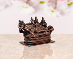Copper Sheshashayi Vishnu statue, back-side angle with multiple seated figures on base