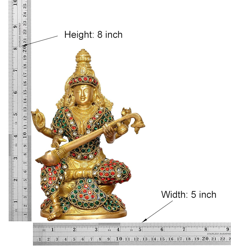 Brass Maa Saraswati Statue Handcrafted Hindu Goddess Saraswati Idol for Home Decor and Pooja (Height 8 Inch)