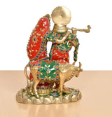 Rück-/Seitansicht Radha-Krishna Messingfigur mit Kuh, golden, bunt dekoriert