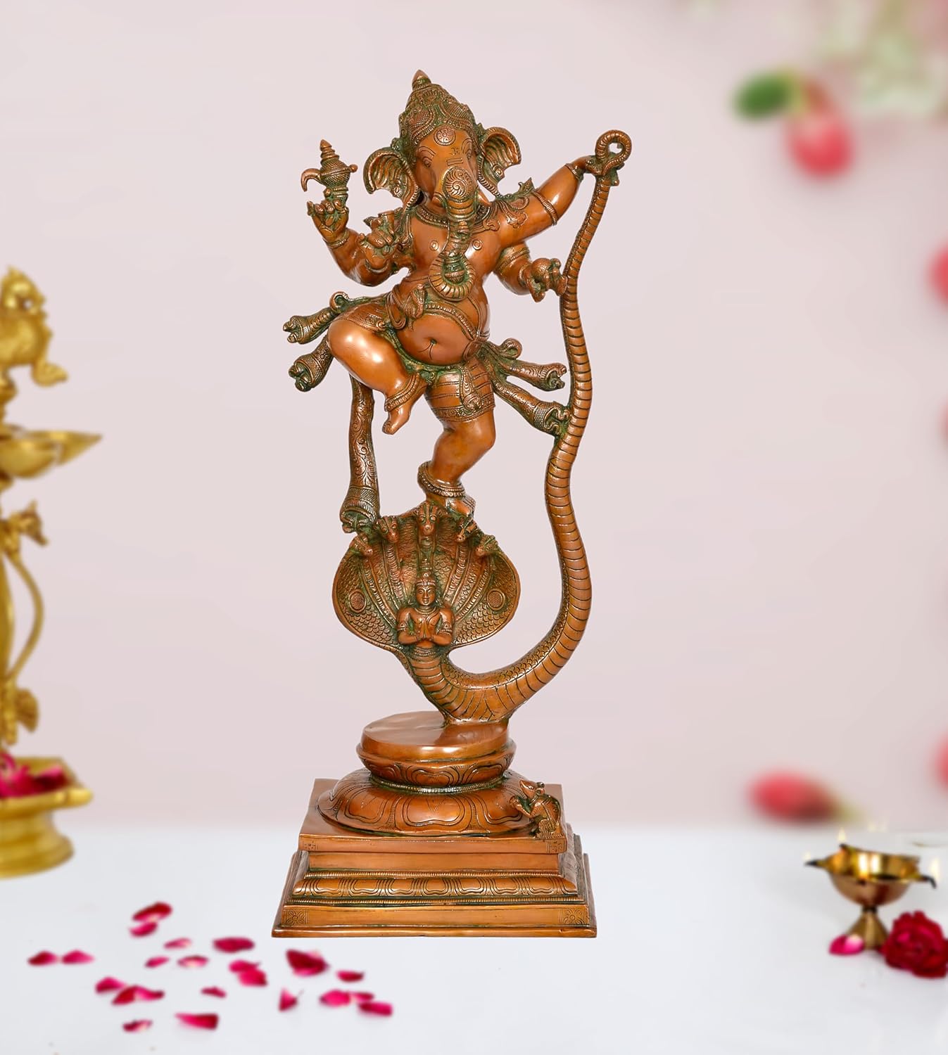 Brass Lord Ganesha Dancing on Serpent Shesha - Hindu Deity Idol for Puja and Gifts (Height 27 Inch)