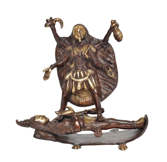 Brass Goddess Mahakali Kali MATA Idol Statues with Shivji, for Home Decor Pooja Mandir Temple (Height: 8.5 inch)