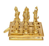 Brass Navagraha deity figures on engraved platform, three statues close-up