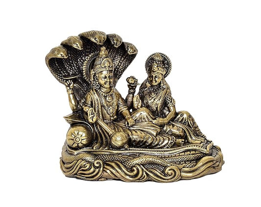 Brass Maa Lakshmi with Lord Vishnu On Sheshnag Idol Statue for The Puja Temple at Home in Brass - (Brass, Height 4 Inch)