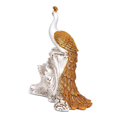Polyresin peacock jewelry holder, long gold tail feathers with white body and raised base