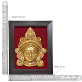Brass Durga face idol wall hanging in wooden frame, 9.5 in height, 8 in width