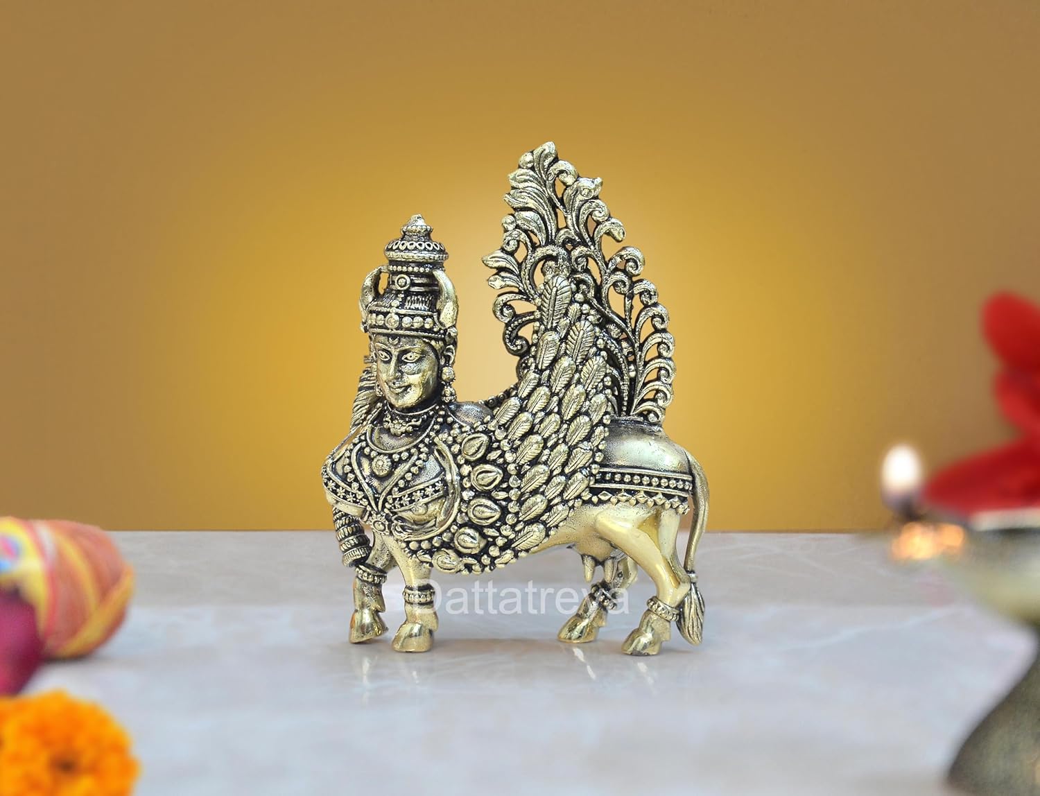 Bronze Kamadhenu Cow with Wings | Pooja Home Decor Mandir | (Height 4.5 Inch)