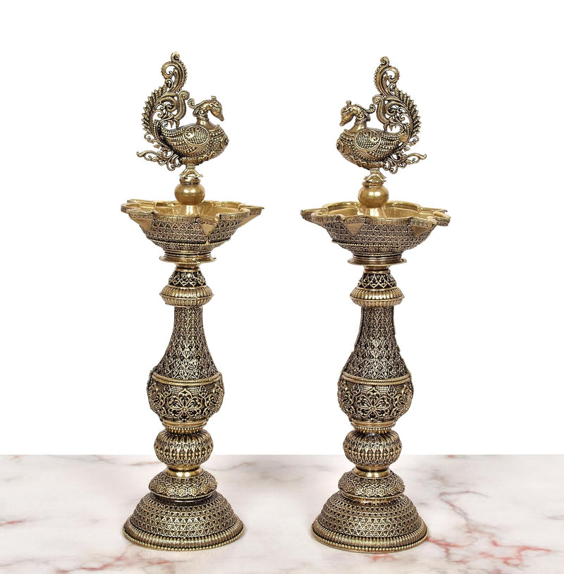 Bronze Peacock On Oil Lamp - Pack of 2 | (Height 8 Inch)