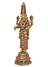 Side view Balaji brass idol with colorful robe and raised hands