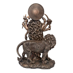 Resin Durga on lion figurine, rear view with circular halo and bowl in hand