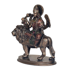 MAA Durga polyresin statue on lion, side angle with raised palms and embellished robes