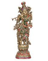 Brass Krishna statue, full front view with ornate crown and gold-toned arms