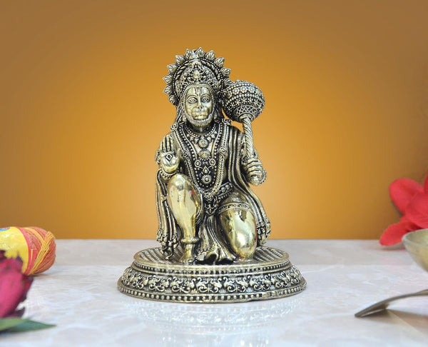 Superfine Brass Hanuman JI Sitting Statue Idol Sculpture Statue Home Decor (Height: 4.5 Inch) Mandir Setting