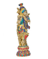 Escultura Krishna de latón con flauta, 15 in, postura danzante, adornos turquesa y rojo