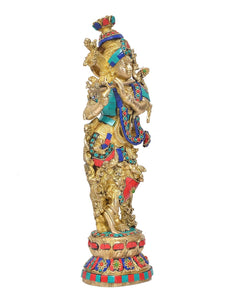 Escultura Krishna de latón con flauta, 15 in, postura danzante, adornos turquesa y rojo